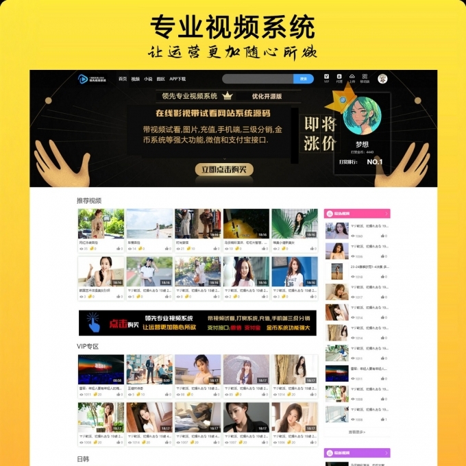 视频网站完美运营版电脑加手机APP/图片/资讯/试看和付费/上传/分销/带支付宝微信充值